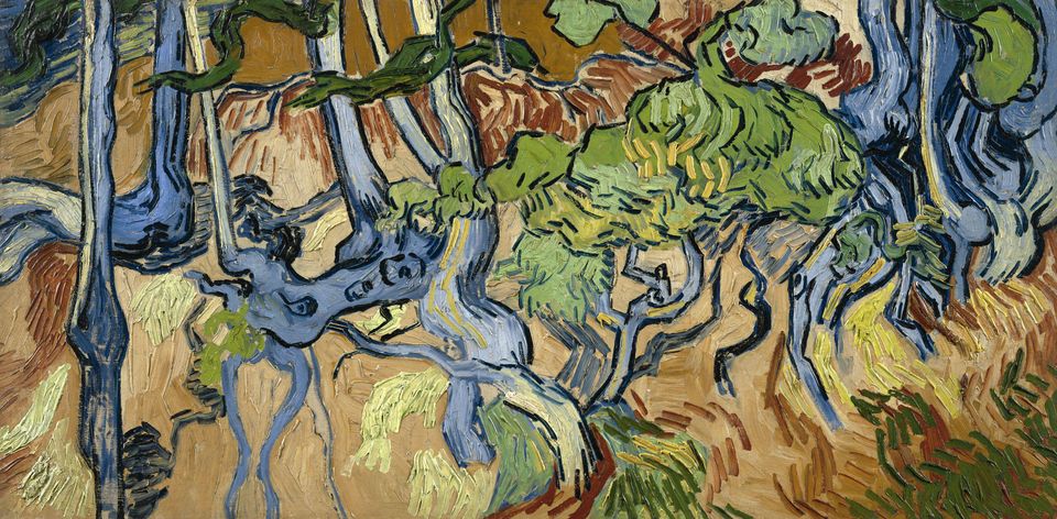 Van Gogh's painting of tangled tree roots and trunks on a sandy slope, in bold blues, greens, and ochres