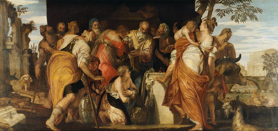 Veronese's painting of the prophet Samuel anointing the young David, who kneels before him, while David's older brothers crowd in to watch