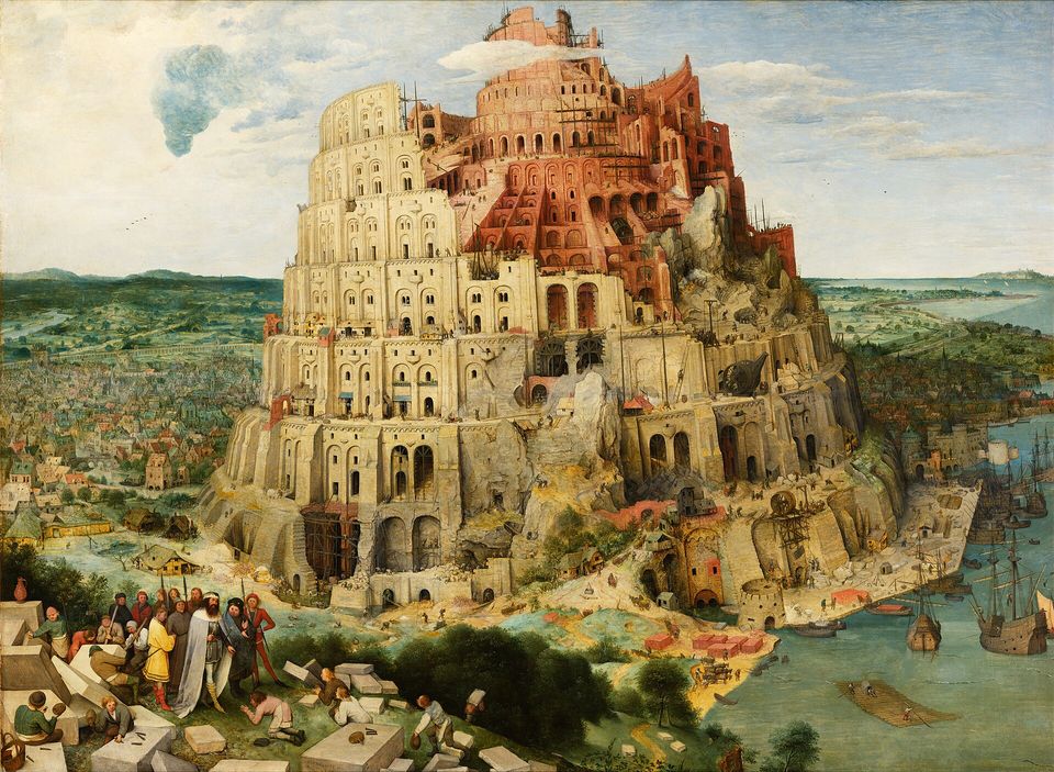 Bruegel's painting of the Tower of Babel, a huge spiraling unfinished tower rising above a harbor city