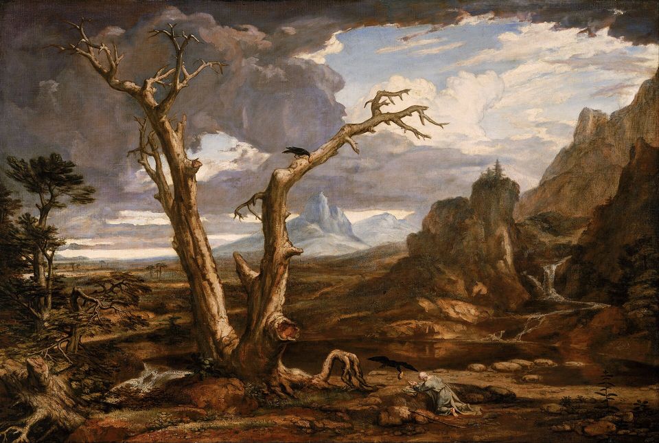 A small, hunched figure of the prophet Elijah sits beneath a gnarled, leafless tree in a vast, barren desert under a stormy sky, with a raven perched nearby.