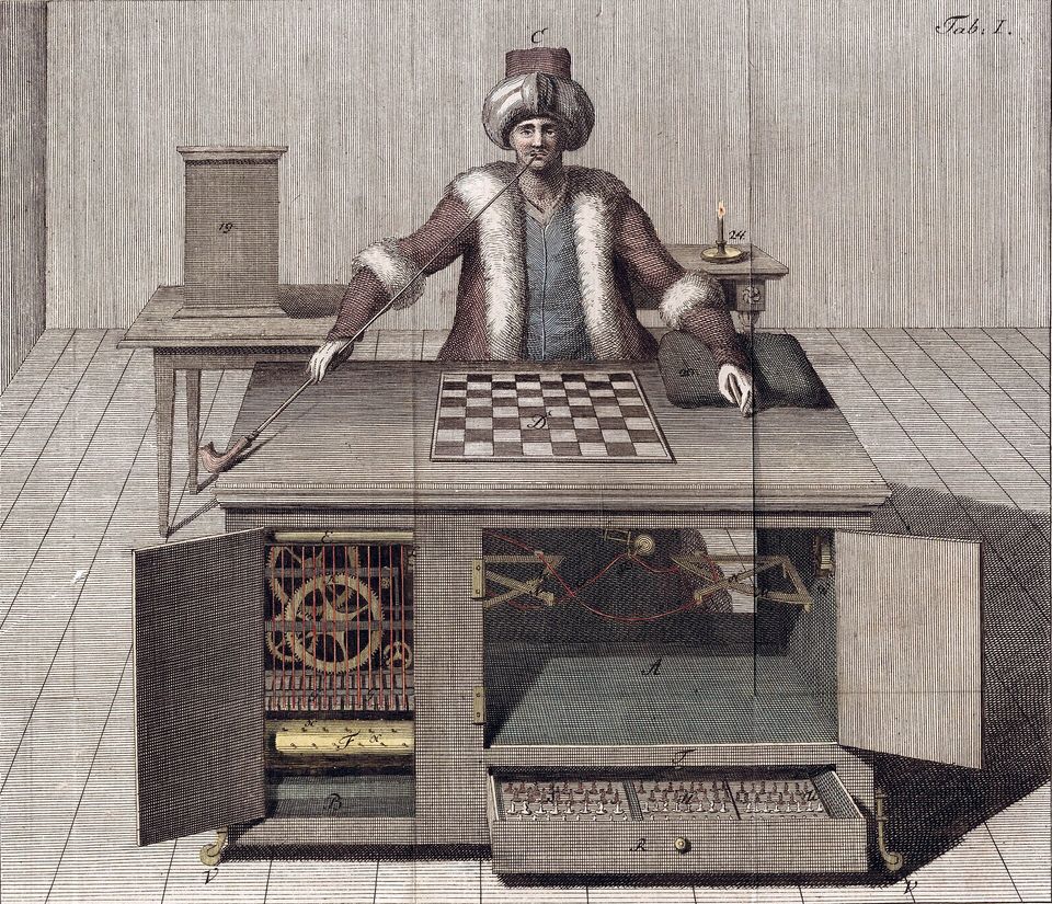 Engraving of the Mechanical Turk, a chess-playing machine secretly operated by a hidden person.