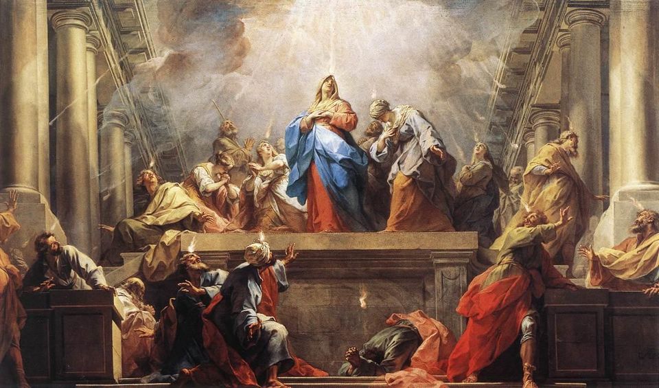 Restout's painting of the disciples and Mary gathered in an upper room as light breaks through and small flames rest above their heads