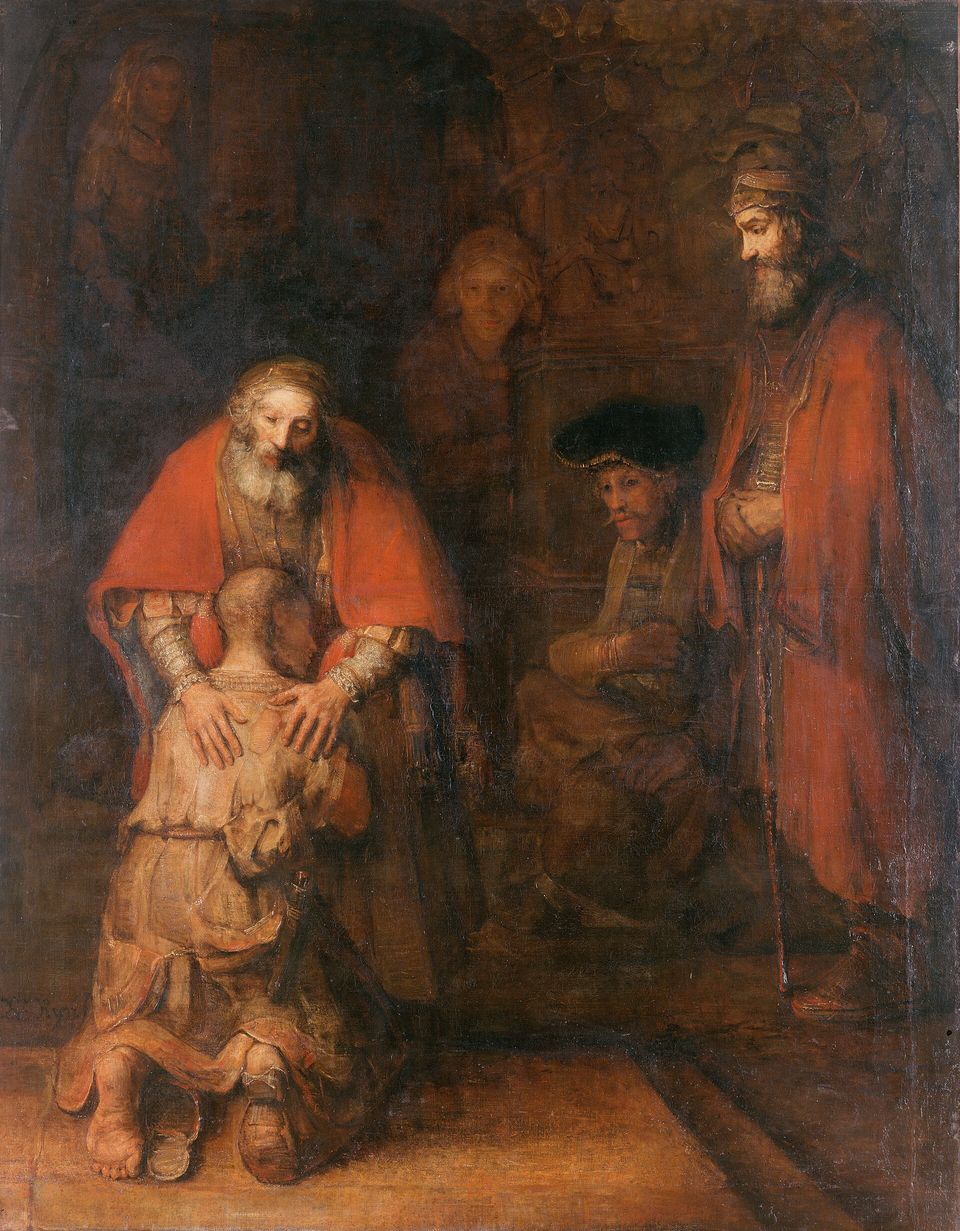 Rembrandt's painting of a father in a red cloak embracing his ragged, kneeling son while an older brother stands watching