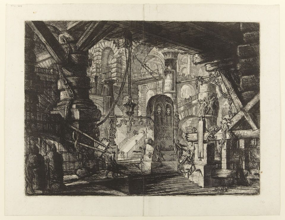 Piranesi's etching of a vast, shadowed prison interior with stone piers, heavy hanging chains, and tiny figures on stairways