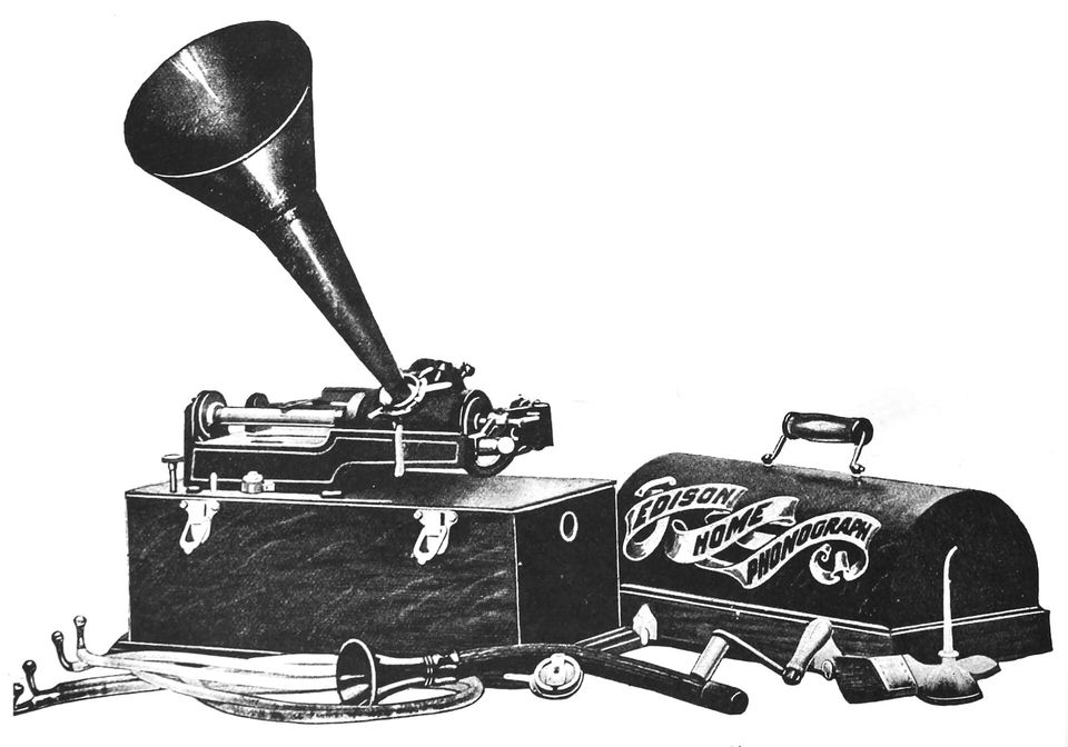 Catalog illustration of an Edison Home Phonograph with its horn.