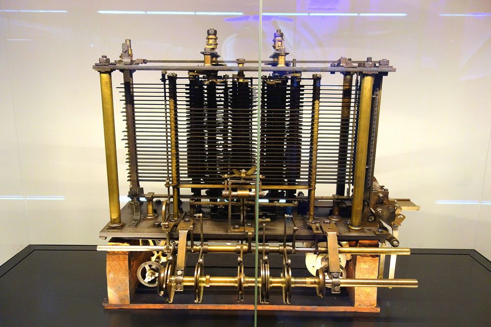 Brass gears and columns of Charles Babbage's Analytical Engine trial model.